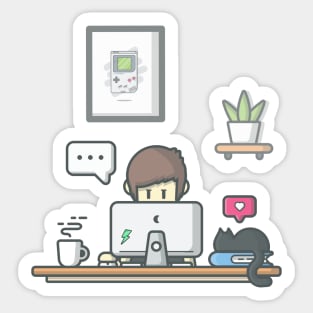 Man working on laptop with cat Sticker